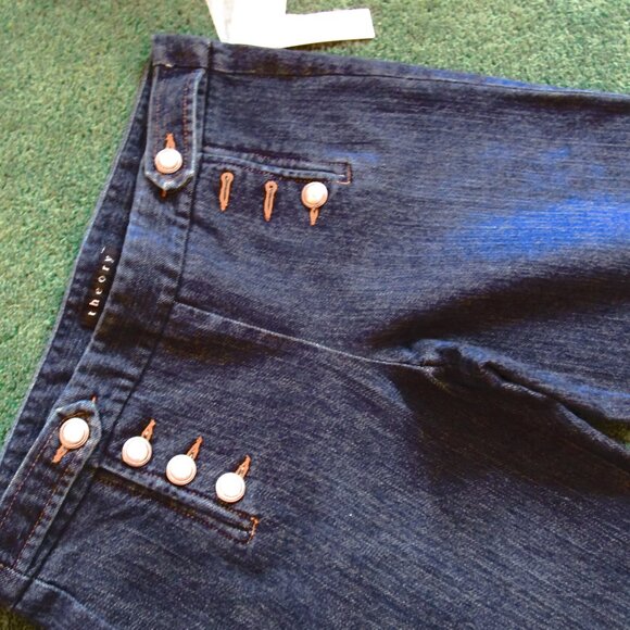 WOMEN'S THEORY JEANS-NEW-SIZE 6-INDIGO-BUTTONS on each SIDE -WIDE LEG - Picture 1 of 7